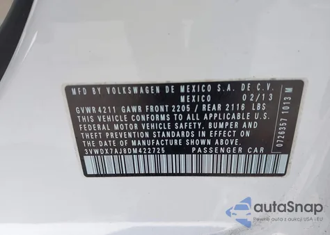 2013 Volkswagen Jetta 2.5L Se из США, поврежденный, VIN 3VWDX7AJ8DM422725